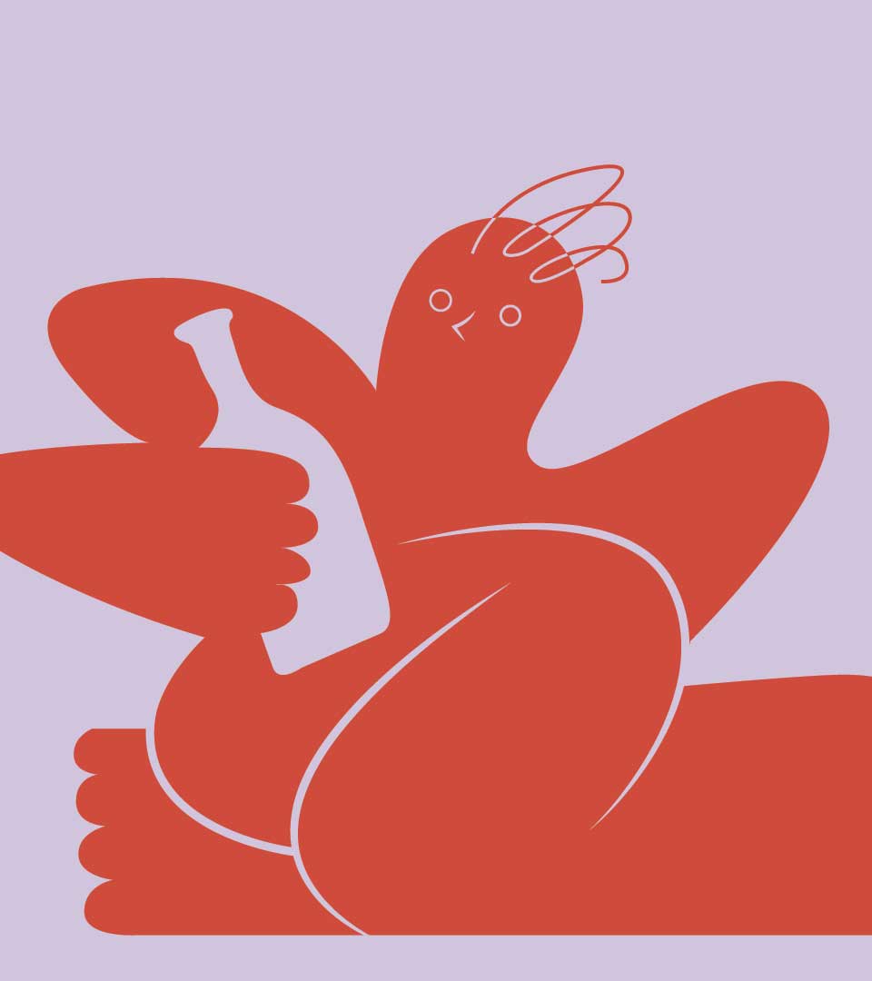 Sample design: Red illustrated character on a lilac background
