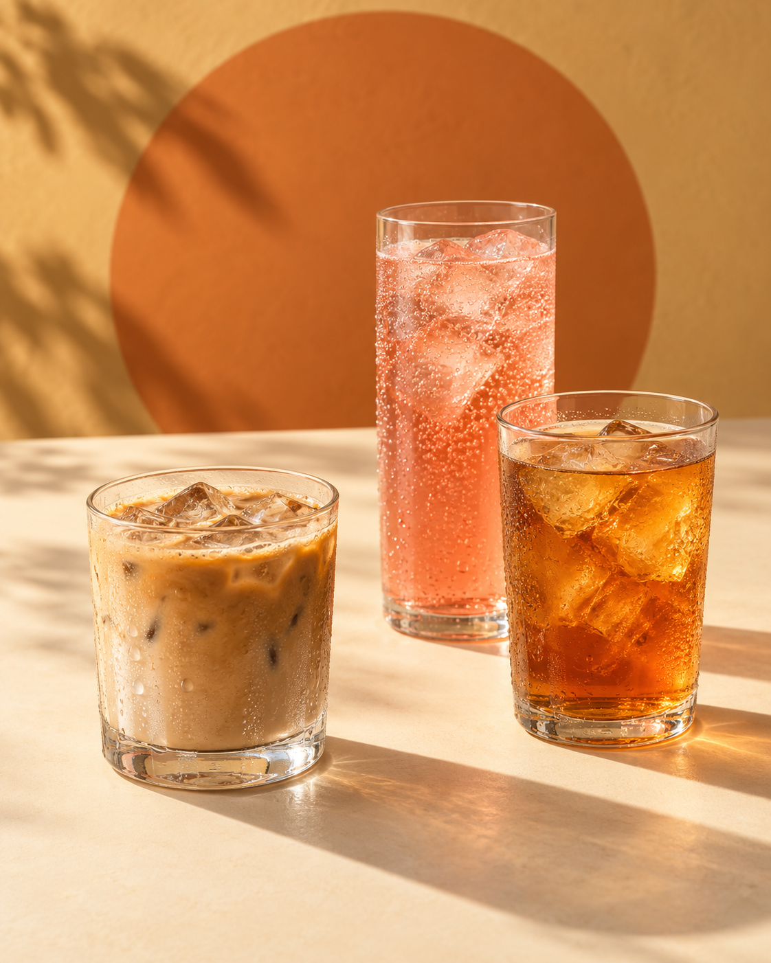 Illustrative drinks: creamy iced coffee, pink sparkling drink and amber iced tea